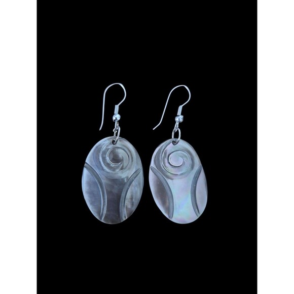 Carved Abalone Mother of Pearl Earrings Oval Drop - Picture 1 of 2